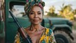 © svastix - A strong woman confidently holds a firearm in nature, embodying empowerment, resilience, and strength, while embracing her personal style and surroundings.