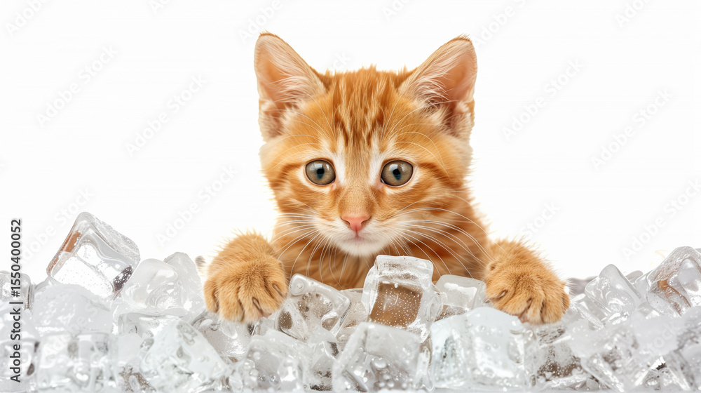 Adorable orange kitten with ice cubes, isolated on white background ...