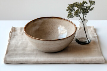 Wall Mural - Beige Ceramic Bowl, Linen Placemat, and Dried Flowers