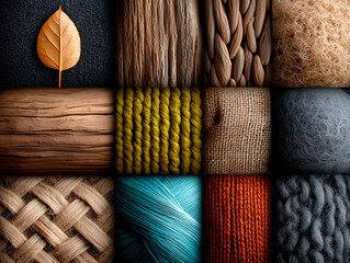 Wall Mural - Grid of Textures: Leaf, Woods, Yarn, and Burlap