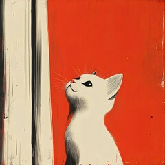 Wall Mural - a whimsical illustration of a curious white cat looking up against a vibrant red background, evoking