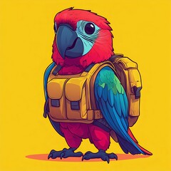 Wall Mural - a colorful cartoon parrot wearing a backpack, set against a vibrant yellow background, perfect for k