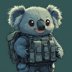 Wall Mural - a cute cartoon koala character wearing military gear, smiling and ready for adventure. ideal for chi
