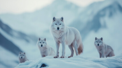  Arctic Majesty: A Pack of White Wolves Amidst a Snowy Mountain Landscape