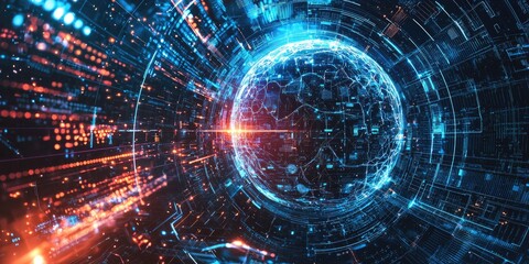 Wall Mural - an ai core surrounded by glowing circuits, holographic displays, and a sleek, cyberpunk-inspired set
