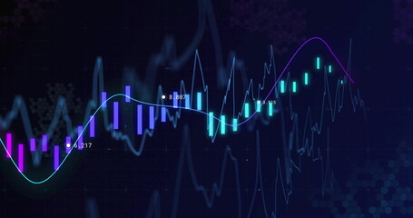 Wall Mural - Displaying financial chart with purple, aqua candlestick bars on dark interface with data markers