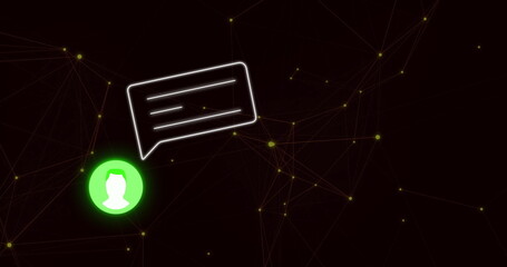 Wall Mural - Displaying neon green user avatar glowing on dark network grid, with chat bubble, nodes, copy space