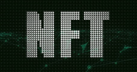 Wall Mural - Displaying large NFT letters forming dot grid on dark network, with green streams and hexagon nodes