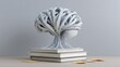 © pinporn manosri - Abstract representation of a brain formed by cables, symbolizing knowledge, creativity, and technology, sitting atop stacked books against a simple gray background.