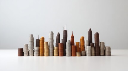 Urban skyline created with stacked coins in various colors representing financial growth, wealth, and economic development in a minimalistic and modern design.
