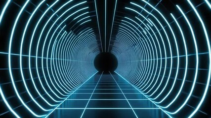 Wall Mural - Abstract tunnel with glowing blue neon lights converging to a dark sphere.