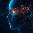 © NongEngEng - AI generated image of a translucent human profile illuminated with blue and orange neural lines portraying the fusion of consciousness and advanced data systems in a cybernetic environment