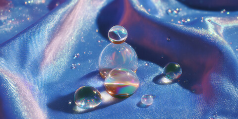Wall Mural - crystal balls reflecting light on iridescent blue silk fabric