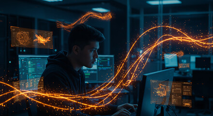 tech innovator at work: a determined individual, focused on his computer in a modern workspace, navi