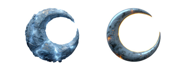 Two crescent-shaped objects with textured surfaces. isolated on transparent background