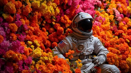 Wall Mural - psychedelic surreal depiction of astronaut resting among flowers	
