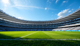 grassy football pitch at stadium at sunny day with blue sky