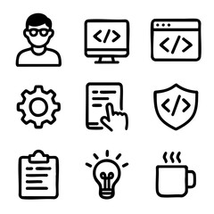 a set of doodle line icons showing programming, software development, coding interface, tech securit