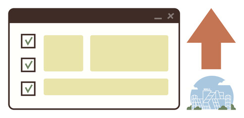 A checklist interface with completed tasks, a progress arrow, and a cityscape symbolizing growth. Ideal for productivity, progress tracking, organization, task management, workflow, development