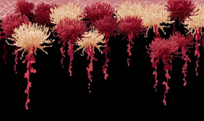 Wall Mural - Phantasmal chrysanthemums weeping liquid fire, Japanese wave pattern borde, Generative AI