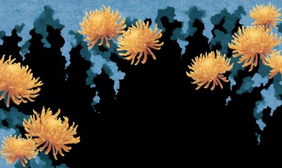 Wall Mural - Phantasmal chrysanthemums weeping liquid fire, Japanese wave pattern borde, Generative AI