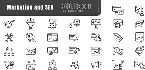 Marketing and SEO Outline Style line icons set. Thin Line Vector icons collection. Website, Shop, Rating, Traffic Analysis, Creativity, Target, Keyword