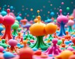 © Vi - the image features a dynamic and vibrant scene dominated by colorful forms resembling liquid splashes frozen in time, these forms have rounded, bulbous tops connected to broader