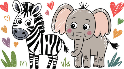  Cute zebra and elephant together with colorful hearts vector illustration,Generative Ai
