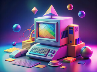 Abstract technology background depicting a computer network concept with a laptop, monitor, and desktop icons representing online data communication and web connections