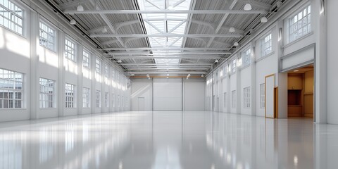  A large, empty warehouse with a white ceiling and white walls. The space is large and open, with a lot of natural light coming in through the windows