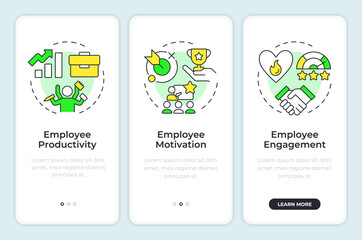 Wall Mural - job satisfaction benefits onboarding mobile app screen. walkthrough 3 steps editable graphic instruc