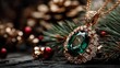 © svastix - An elegant green gemstone pendant rests on a rustic wooden surface surrounded by greenery and decorations, exemplifying the beauty of fine jewelry in a warm setting.
