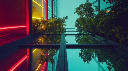 Wall Mural - a stunning view from beneath colorful neon lights. nature intertwines with modern architecture. this