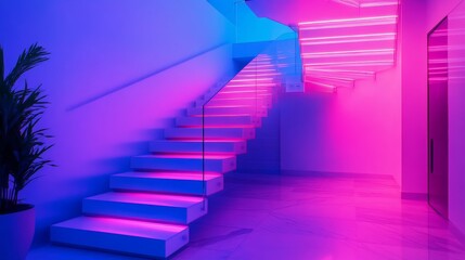Wall Mural - a vibrant staircase illuminated by stunning pink and blue lights. the modern design blends functiona