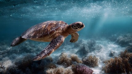 Wall Mural - Sea turtle gliding over vibrant coral reef