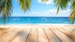 © harry - Wooden floor foreground with hanging palm leaves, panoramic blue sea and sky, coastal vacation theme design resource