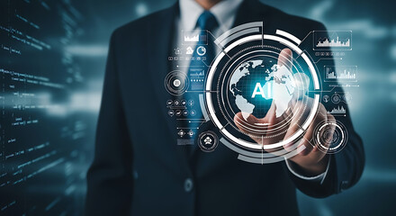 Businessman interacting with artificial intelligence futuristic interface on digital globe