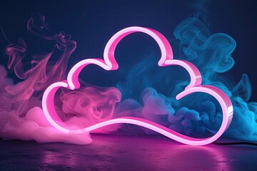 Wall Mural - pink and blue smoke background with glowing neon cloud sign