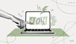 © accogliente - Trendy Halftone Collage Laptop screen with error 404. Page not found. System error, broken page. Hand pointing at computer with lost signal. Website message. Contemporary vector illustration art