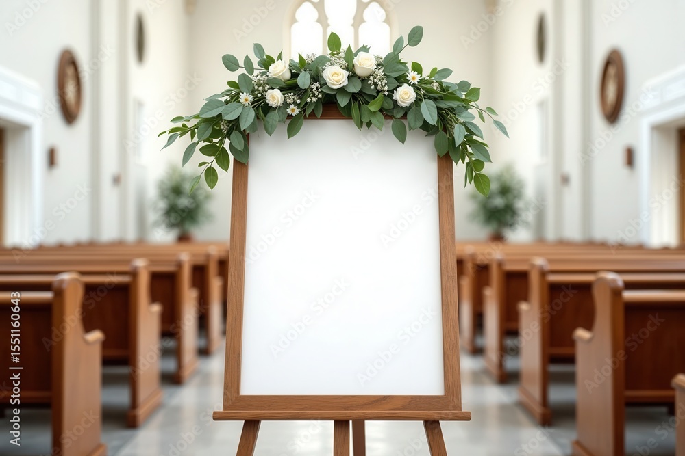 Funeral frame mockup with white floral arrangements in church setting ...