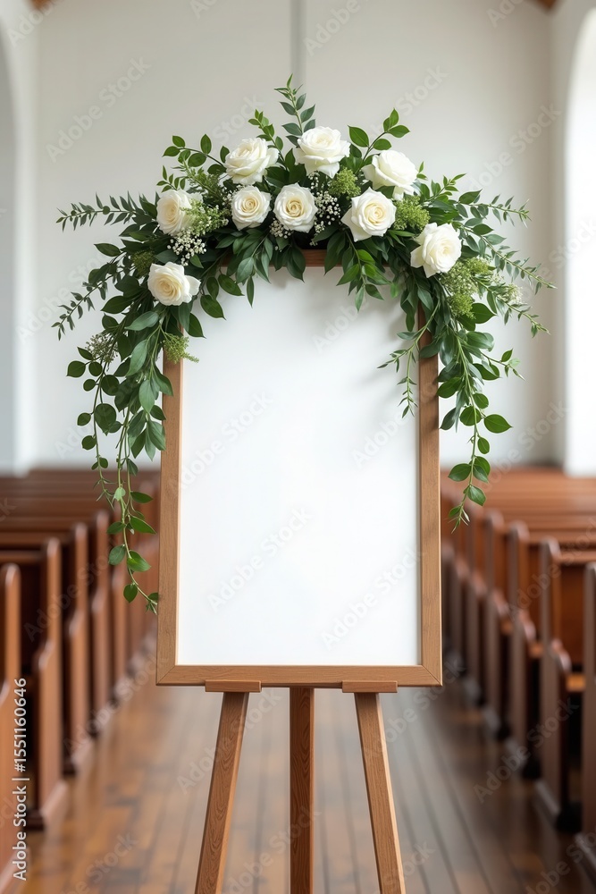 Funeral frame mockup with white floral arrangements in church setting ...