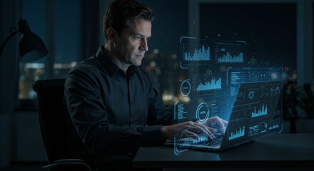 data analytics expert working with a futuristic interface on his laptop at night