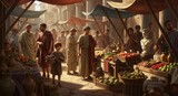 Vibrant ancient roman marketplace teeming with merchants and diverse goods