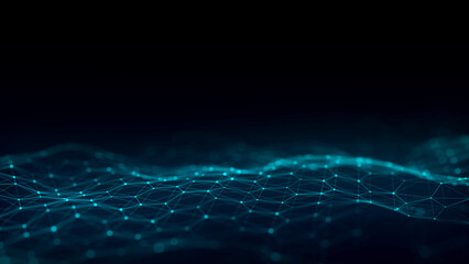Wall Mural - Digital hexagon dynamic wave of particles. Abstract blue futuristic background. Big data visualization. 3D rendering.