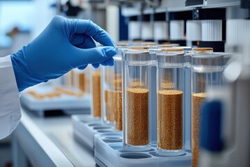 Wall Mural - Laboratory Experiment with Golden Beads in Transparent Vials