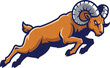 © Bokul Creatives - Aggressive ram mascot, leaping mountain animal, curved horn illustration, dynamic vector graphic, fierce character logo, powerful wildlife emblem, bold sports branding design