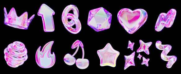 3d crystal glass hologram y2k shape set - pink and purple neon gradient heart, stars, fire, lightning, crown, cherry, chain, arrow, polygon, spiral line and sphere on black background. 3D illustration