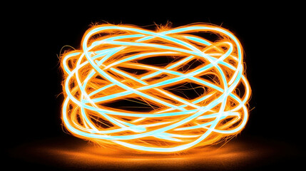 Wall Mural - bright orange and blue light trails creating dynamic circular patterns on a dark background for arti