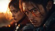 © svastix - Powerful portraits of two warriors illuminated by sunset, capturing their fierce expressions and rugged beauty, embodying strength and resilience against a dramatic backdrop.