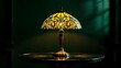 © GreenLand - Classic stained glass table lamp glowing on green background. Perfect for vintage interior themes, antique product showcases, or retro home decor design content